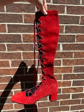 RARE 60s 70s Red Suede Lace Up Boots